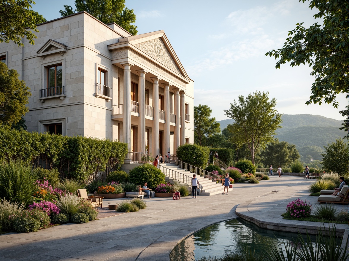 Prompt: Elegant youth center, neoclassical architecture, grand entrance, symmetrical facade, ornate columns, carved stone details, lush greenery, vibrant flowers, curved walkways, natural stone paving, tranquil water features, serene atmosphere, soft warm lighting, shallow depth of field, 3/4 composition, panoramic view, realistic textures, ambient occlusion, harmonious landscape integration, rolling hills, mature trees, scenic overlooks, meandering paths, outdoor recreational spaces, vibrant street furniture, eclectic art installations.