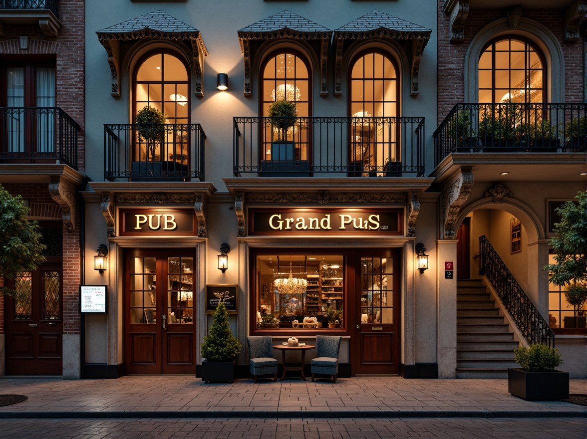 Prompt: Grand pub facade, ornate stonework, intricate carvings, rustic wooden doors, stained glass windows, vintage metal lanterns, ornamental roof tiles, curved archways, grand staircases, luxurious chandeliers, rich wood paneling, plush furnishings, warm ambient lighting, shallow depth of field, 1/1 composition, realistic textures, ambient occlusion.