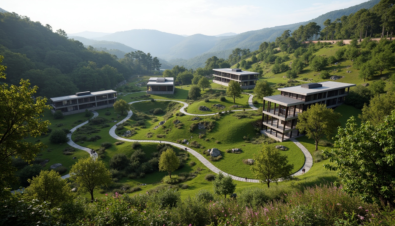 Prompt: Rustic hillside, lush green vegetation, winding stone pathways, modernist Bauhaus buildings, flat roofs, rectangular forms, industrial materials, steel frames, large windows, minimalist decor, functional design, harmonious integration, natural surroundings, rolling hills, serene atmosphere, soft diffused lighting, shallow depth of field, 2/3 composition, panoramic view, realistic textures, ambient occlusion.