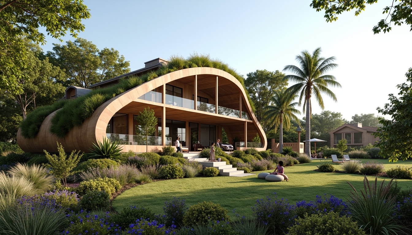 Prompt: Organic villa facade, curved lines, biomimetic forms, natural materials, reclaimed wood, living walls, green roofs, solar panels, wind turbines, water harvesting systems, eco-friendly insulation, large windows, sliding glass doors, panoramic views, soft warm lighting, shallow depth of field, 3/4 composition, realistic textures, ambient occlusion, lush vegetation, blooming flowers, serene atmosphere, sunny day, gentle breeze.