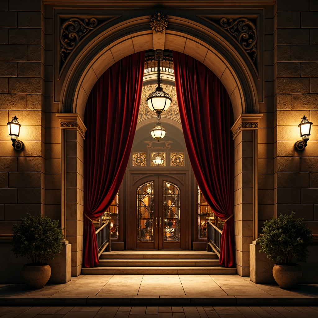 Prompt: Majestic nightclub facade, Romanesque arches, ornate stone carvings, grand entrance, heavy wooden doors, intricate ironwork, warm golden lighting, soft misty atmosphere, mysterious shadows, luxurious velvet drapes, lavish chandeliers, rich wood paneling, ornamental columns, dramatic spotlights, 3/4 composition, low-angle shot, cinematic mood, high-contrast colors, detailed textures.