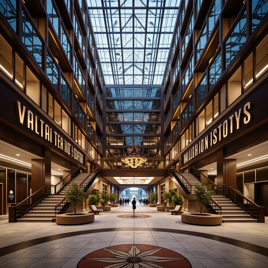 Prompt: Geometric hospital facade, ornate metalwork, zigzag patterns, bold typography, luxurious materials, polished marble floors, grand staircases, lavish chandeliers, symmetrical compositions, metallic accents, curved lines, opulent decorations, vibrant color schemes, sunburst motifs, chevron patterns, ornamental details, dramatic lighting, high-contrast shadows, 1/1 composition, low-angle shot, cinematic atmosphere.