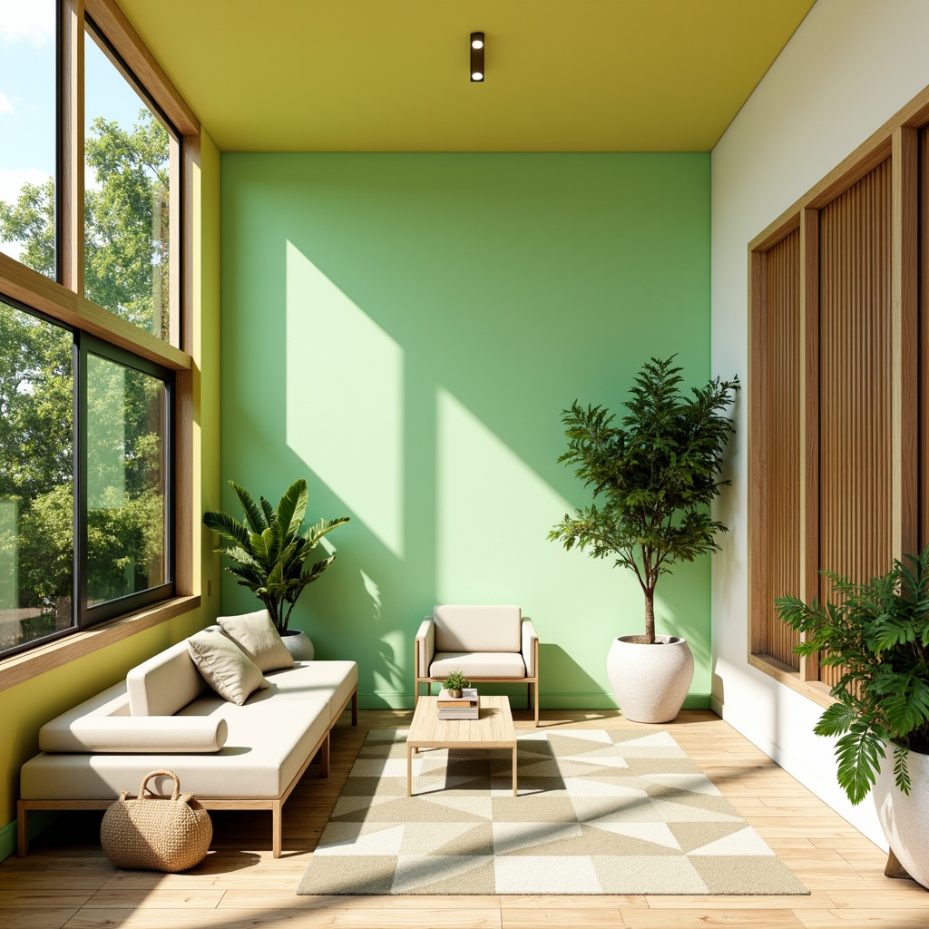 Prompt: Vibrant lime green accents, pastel yellow hues, soft mint undertones, creamy white walls, natural wood textures, modern minimalist furniture, sleek metal frames, geometric patterned rugs, abundant tropical plants, warm sunny day, shallow depth of field, 1/1 composition, realistic reflections, ambient occlusion.