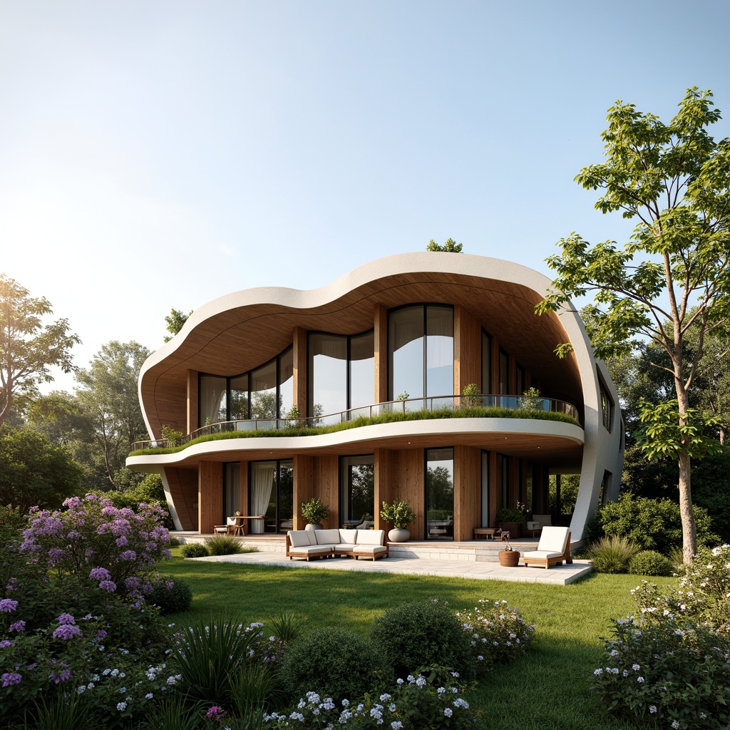 Prompt: Organic villa facade, curved lines, biomimetic forms, natural materials, reclaimed wood, living walls, green roofs, solar panels, wind turbines, water harvesting systems, eco-friendly insulation, large windows, sliding glass doors, panoramic views, soft warm lighting, shallow depth of field, 3/4 composition, realistic textures, ambient occlusion, lush vegetation, blooming flowers, serene atmosphere, sunny day, gentle breeze.