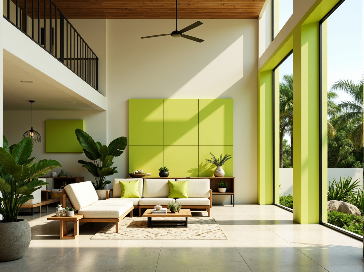 Prompt: Vibrant lime green accents, pastel yellow hues, soft mint undertones, creamy white walls, natural wood textures, modern minimalist furniture, sleek metal frames, geometric patterned rugs, abundant tropical plants, warm sunny day, shallow depth of field, 1/1 composition, realistic reflections, ambient occlusion.