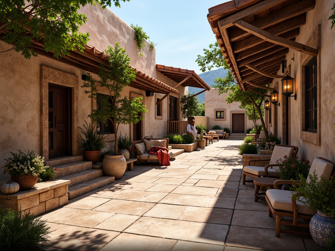 Prompt: Rustic village setting, earthy tones, natural stone walls, wooden beams, clay tile roofs, ornate doorways, intricate carvings, vibrant textiles, colorful ceramics, lush greenery, blooming flowers, rustic lanterns, warm soft lighting, shallow depth of field, 1/1 composition, realistic textures, ambient occlusion.