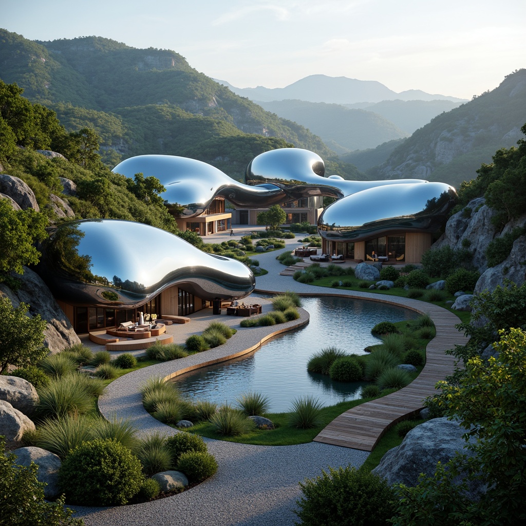 Prompt: Organic blob-shaped buildings, futuristic architecture, iridescent colors, glossy surfaces, undulating curves, natural landscape integration, rolling hills, lush greenery, winding paths, serene water features, reflecting pools, raked gravel, moss-covered rocks, weathered wood accents, ambient lighting, soft misty atmosphere, shallow depth of field, 1/1 composition, panoramic view, realistic textures, ambient occlusion.