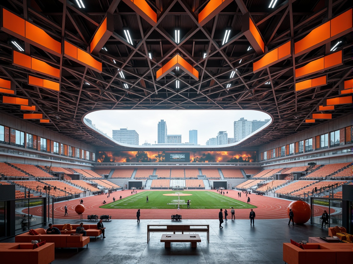 Prompt: Futuristic football stadium interior, constructivist architecture, dynamic angular lines, bold geometric shapes, vibrant primary colors, industrial metal beams, exposed ductwork, polished concrete floors, tiered seating areas, dramatic overhead lighting, abstract patterned textiles, avant-garde sculptures, minimalist furniture, functional corridors, athletic track-inspired flooring, urban cityscape views, atmospheric misting systems, high-contrast shadows, 1/2 composition, cinematic camera angles, realistic metallic reflections.