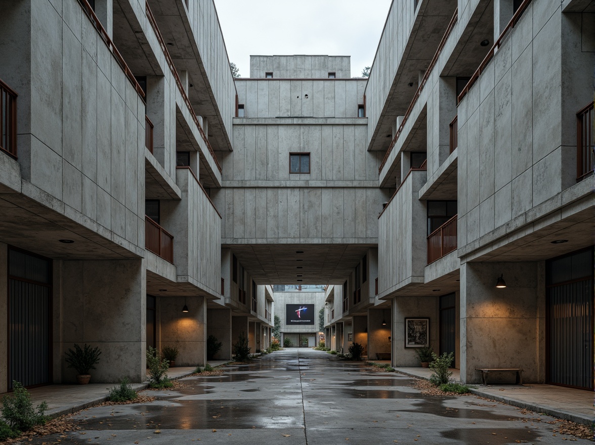 Prompt: Massive concrete forms, brutalist architecture, industrial distribution center, rugged textures, raw concrete walls, exposed ductwork, steel beams, functional minimalism, urban landscape, overcast skies, dramatic shadows, high-contrast lighting, cinematic composition, symmetrical framing, abstract geometric patterns, distressed metal accents, weathered wood tones, utilitarian aesthetic, functional simplicity, imposing scale, monumental presence.