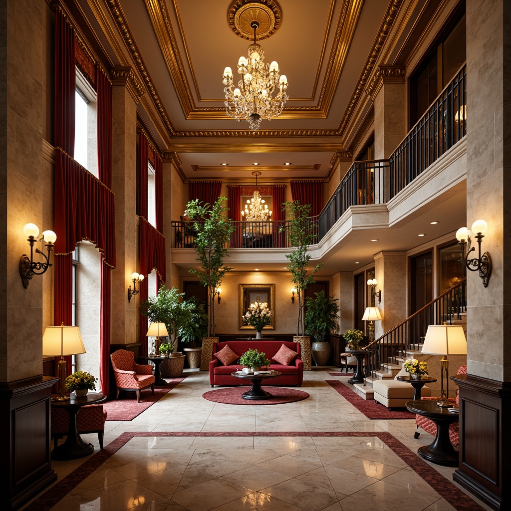 Prompt: Luxurious hotel lobby, marble floors, ornate chandeliers, grand staircase, velvet drapes, rich wood paneling, gilded frames, intricate moldings, crystal sconces, plush carpets, elegant furnishings, neoclassical architecture, symmetrical facade, Corinthian columns, arched windows, rusticated stone walls, warm golden lighting, soft focus, shallow depth of field, 2/3 composition, realistic textures, ambient occlusion.