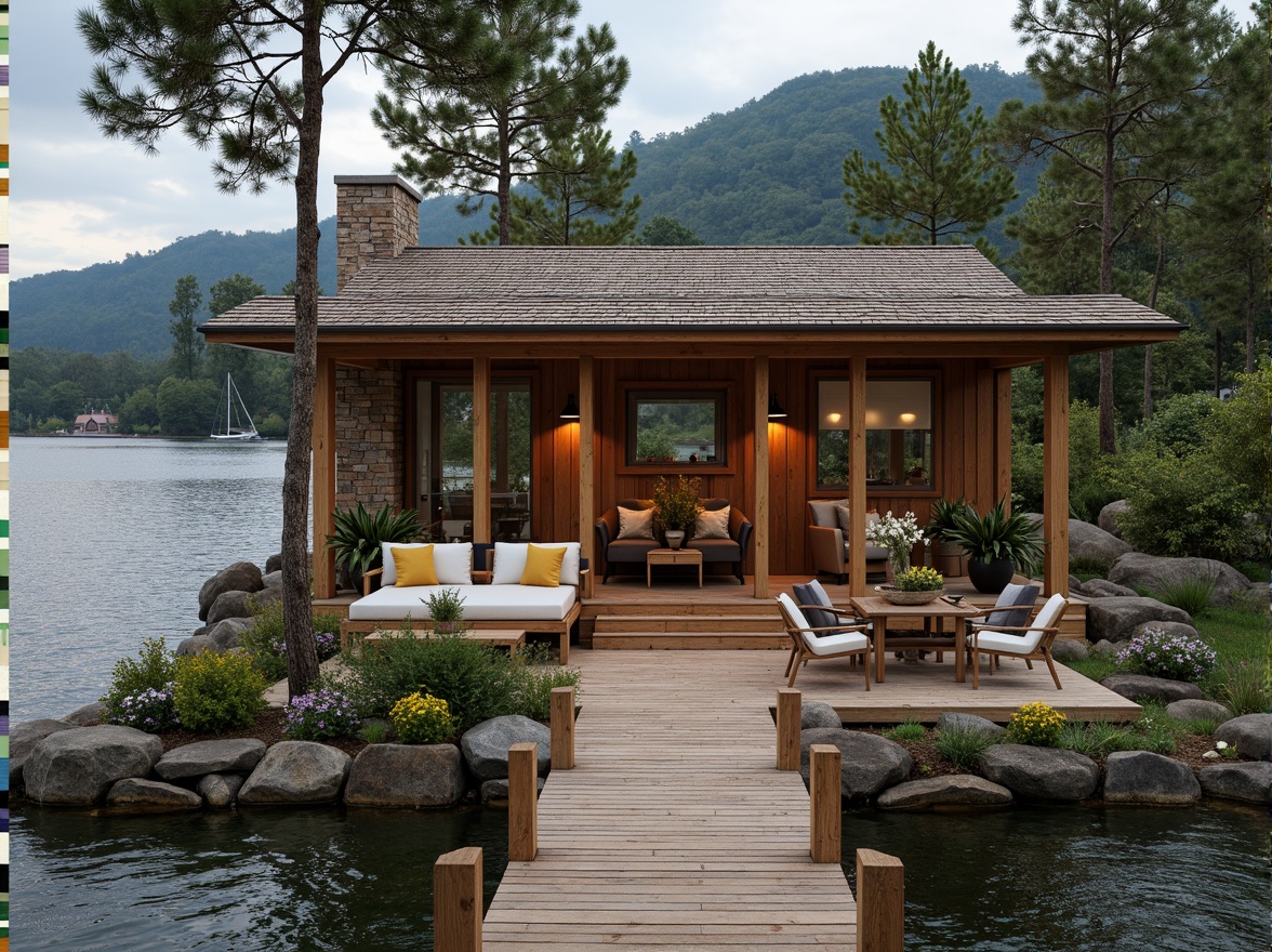 Prompt: Rustic boathouse, wooden dock, serene lake views, nautical-themed decorations, weathered wood shingles, corrugated metal roofing, asphalt shingle alternatives, solar panel integration, green roof systems, living roofs, sedum plant coverage, natural stone chimneys, cedar shake siding, wooden beam ceilings, exposed rafters, warm cozy lighting, shallow depth of field, 1/1 composition, realistic textures, ambient occlusion.