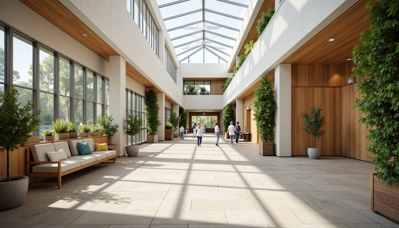 Prompt: Spacious hospital corridors, large windows, clerestory lighting, skylights, solar tubes, natural stone floors, warm wood accents, calming color schemes, minimalist decor, open waiting areas, comfortable seating, green walls, living plants, soft diffused light, indirect illumination, 1/1 composition, shallow depth of field, realistic textures, ambient occlusion.