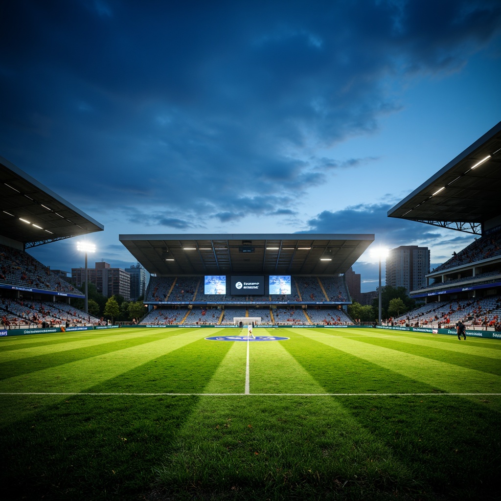 Prompt: Floodlit soccer stadium, evening atmosphere, vibrant green grass, sleek modern architecture, angular lines, cantilevered roofs, grandstand seating, player tunnels, goalposts, referee areas, LED scoreboard displays, dynamic lighting effects, high-intensity floodlights, warm color temperatures, 1/2 composition, low-angle shots, dramatic shadows, realistic textures, ambient occlusion.