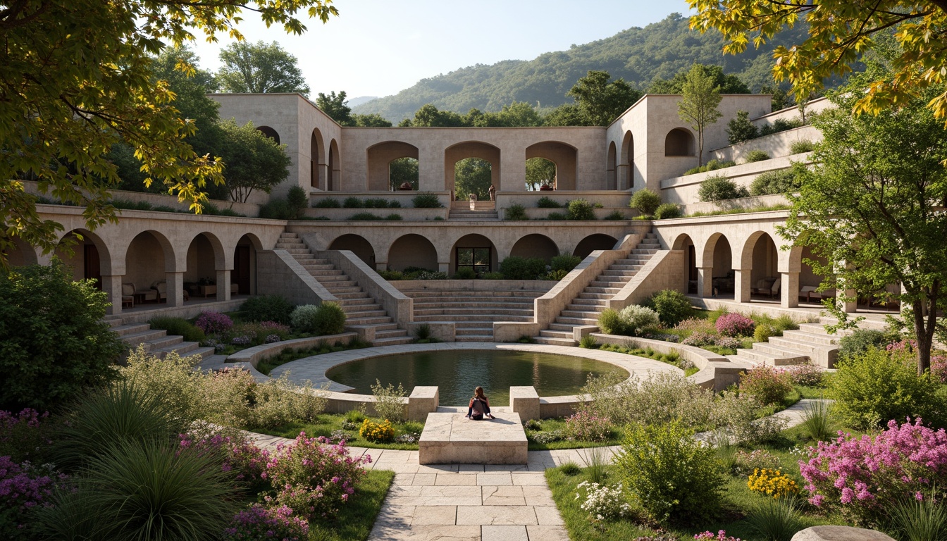 Prompt: Lush greenery, vibrant flowers, rustic stone walls, curved archways, grand amphitheater, Romanesque architecture, ornate carvings, weathered bronze statues, natural stone seating, tiered landscaping, meandering walkways, tranquil water features, soft warm lighting, shallow depth of field, 3/4 composition, panoramic view, realistic textures, ambient occlusion.