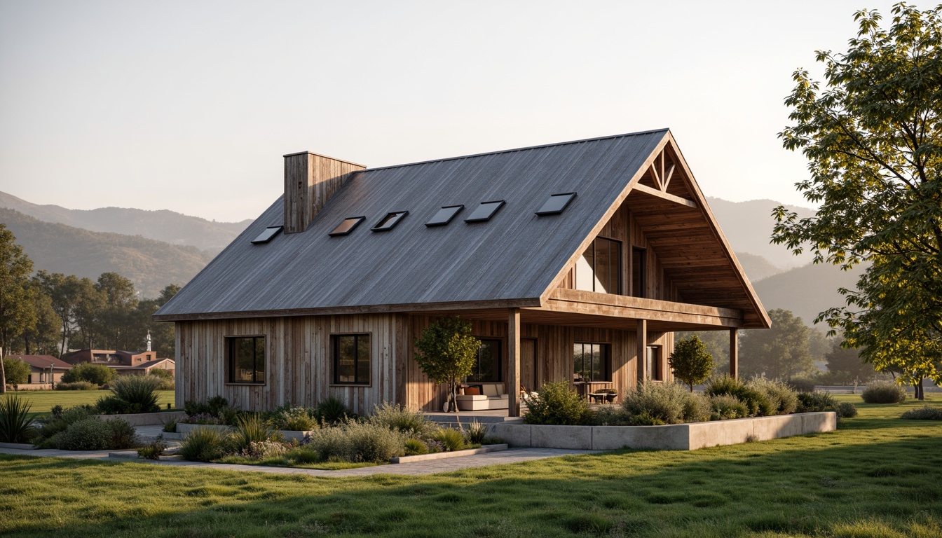 Prompt: Rustic barn, corrugated metal roofing, weathered wood accents, modern farmhouse style, asymmetrical rooflines, clerestory windows, natural ventilation systems, solar panels integration, green roofs, living walls, reclaimed wood cladding, earthy color palette, rural landscape, rolling hills, countryside views, soft warm lighting, shallow depth of field, 1/1 composition, realistic textures, ambient occlusion.