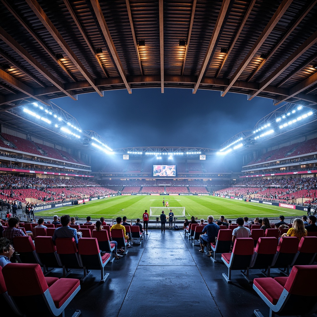 Prompt: Modern soccer stadium interior, dynamic LED lighting, sleek metal beams, polished concrete floors, vibrant team color accents, ergonomic seating, premium leather upholstery, futuristic digital scoreboards, immersive audio systems, panoramic views of the pitch, atmospheric misting effects, urban industrial design elements, reclaimed wood features, minimalist decor, state-of-the-art amenities, luxurious VIP lounges, interactive exhibits, dynamic wayfinding signage, 3/4 composition, shallow depth of field, realistic textures, ambient occlusion.