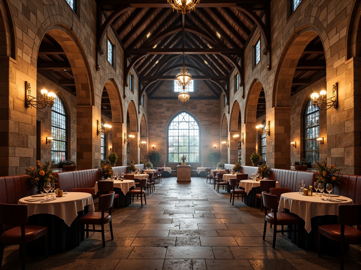 Prompt: Grand dining hall, ornate columns, rustic stone walls, vaulted ceilings, stained glass windows, warm candlelight, rich wood furnishings, elegant chandeliers, lavish textiles, intricate carvings, medieval-inspired architecture, robust archways, imposing pillars, dramatic verticality, atmospheric misting, soft warm lighting, 1/1 composition, realistic textures, ambient occlusion.