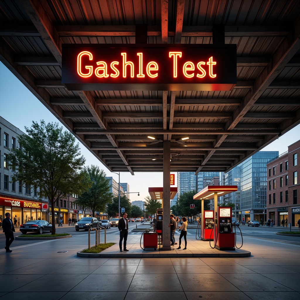 Prompt: Urban gas station, industrial chic, metallic accents, neon signage, bold typography, concrete flooring, steel beams, modern LED lighting, sleek fuel pumps, urban landscape, cityscape views, busy streets, morning commute, soft warm glow, shallow depth of field, 1/1 composition, realistic textures, ambient occlusion.