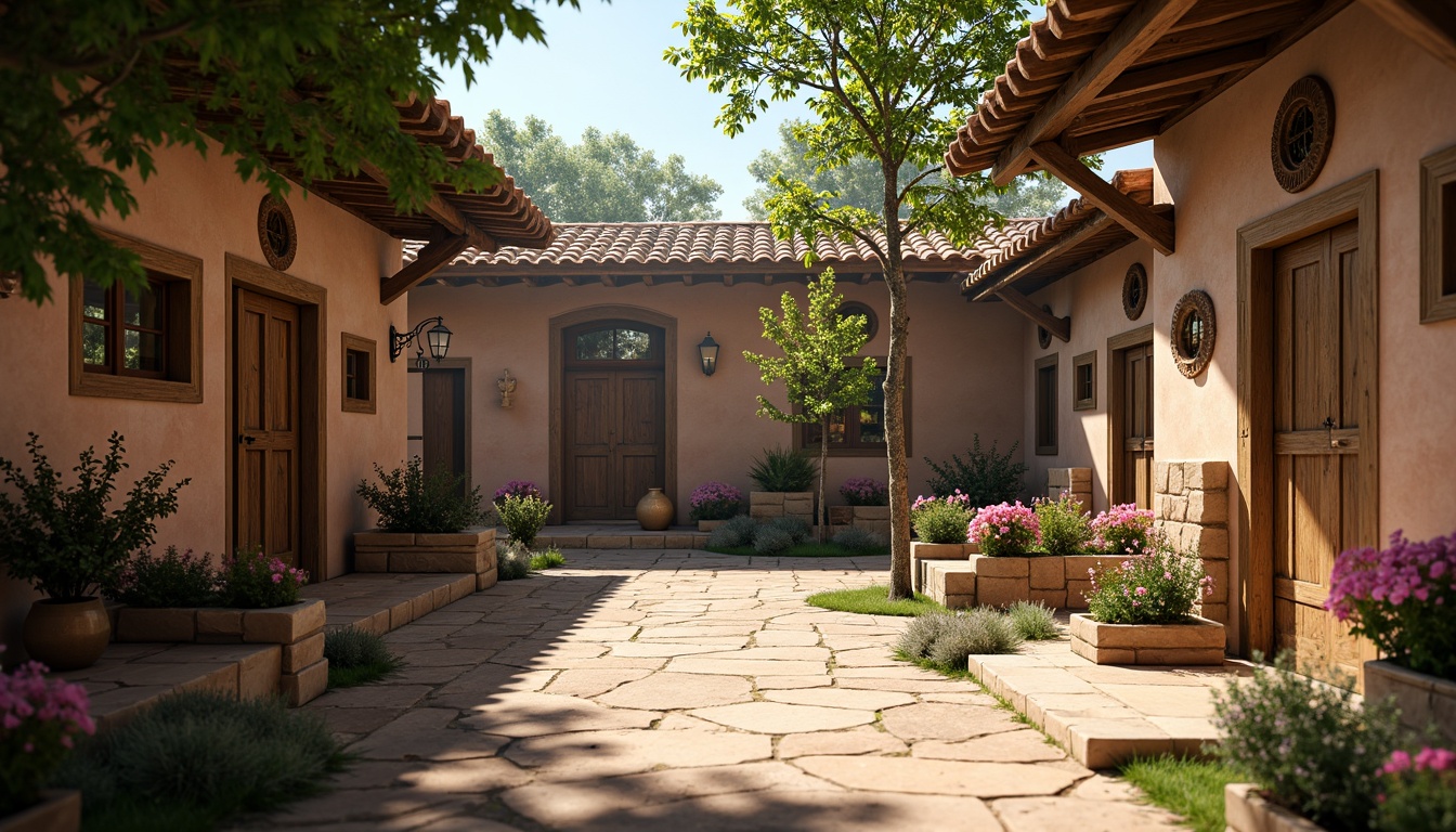 Prompt: Rustic village setting, earthy tones, natural stone walls, wooden beams, clay tile roofs, ornate doorways, intricate carvings, vibrant textiles, colorful ceramics, lush greenery, blooming flowers, rustic lanterns, warm soft lighting, shallow depth of field, 1/1 composition, realistic textures, ambient occlusion.