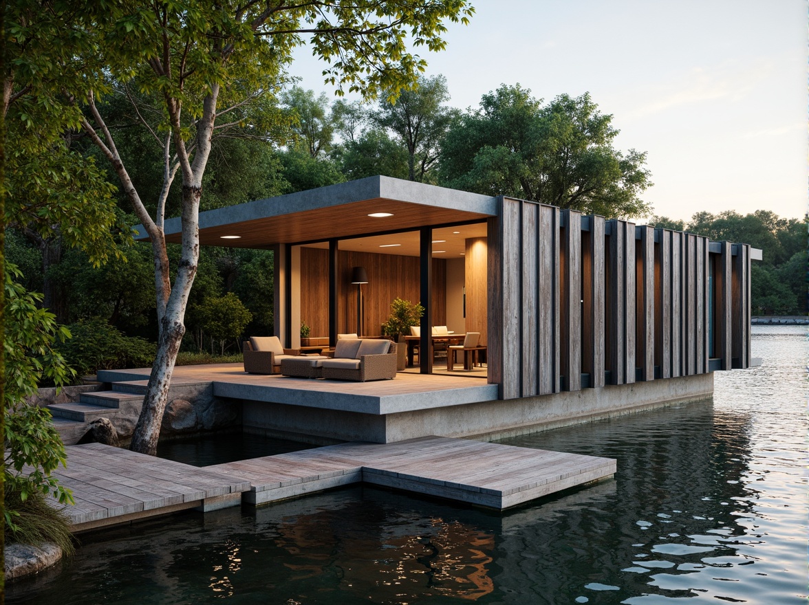 Prompt: Waterfront boathouse, rustic wooden dock, serene lake scenery, lush greenery, weathered wood cladding, corrugated metal accents, modern minimalist design, large windows, sliding glass doors, natural stone foundations, cantilevered rooflines, overhanging eaves, warm soft lighting, shallow depth of field, 3/4 composition, panoramic view, realistic textures, ambient occlusion.