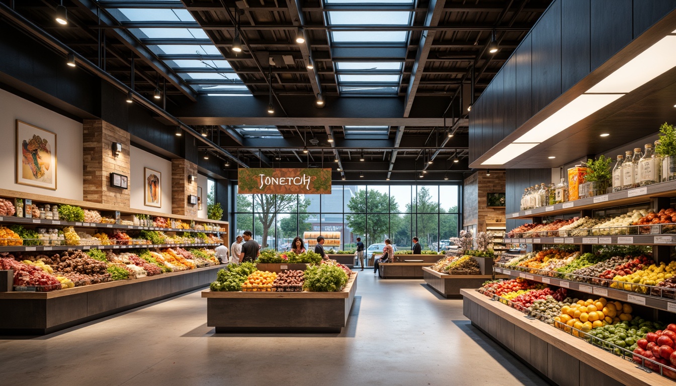 Prompt: Modern grocery store interior, sleek shelving units, fresh produce displays, ambient LED lighting, warm color temperatures, energy-efficient solutions, suspended ceiling fixtures, recessed lighting, aisle navigation signs, polished concrete floors, minimalist decor, natural stone accents, abundant natural light, skylights, clerestory windows, softbox lighting, 1/1 composition, realistic reflections, subtle shadows.