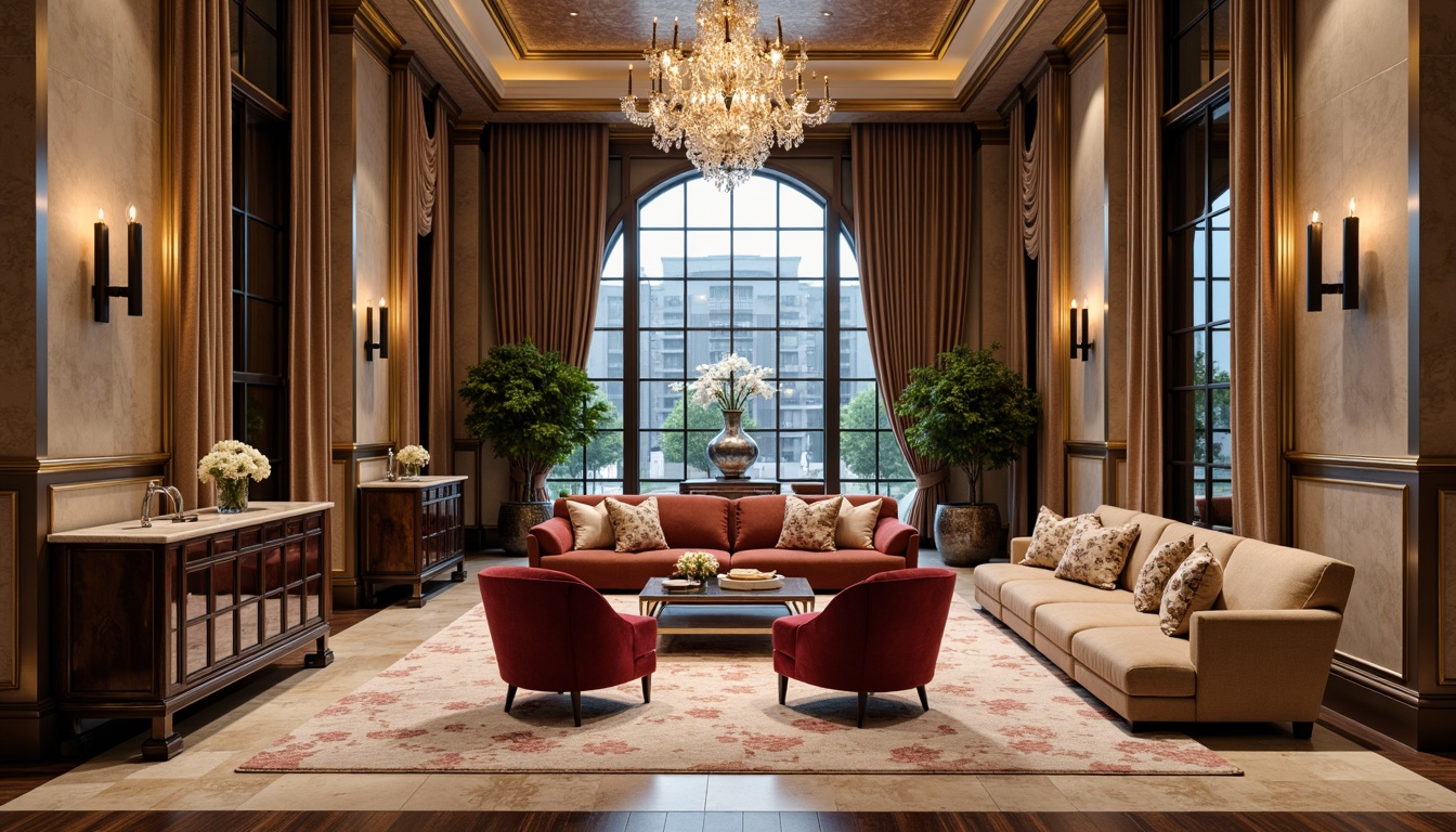 Prompt: Rich velvet fabrics, polished chrome accents, glossy marble countertops, warm walnut wood tones, soft suede upholstery, metallic silver leafing, crystal chandeliers, luxurious silk drapes, high-gloss lacquer finishes, ornate gold moldings, plush area rugs, creamy limestone walls, ambient LED lighting, dramatic floor-to-ceiling windows, opulent jewel-toned colors, lavish patterned textiles, sophisticated minimalist decor.