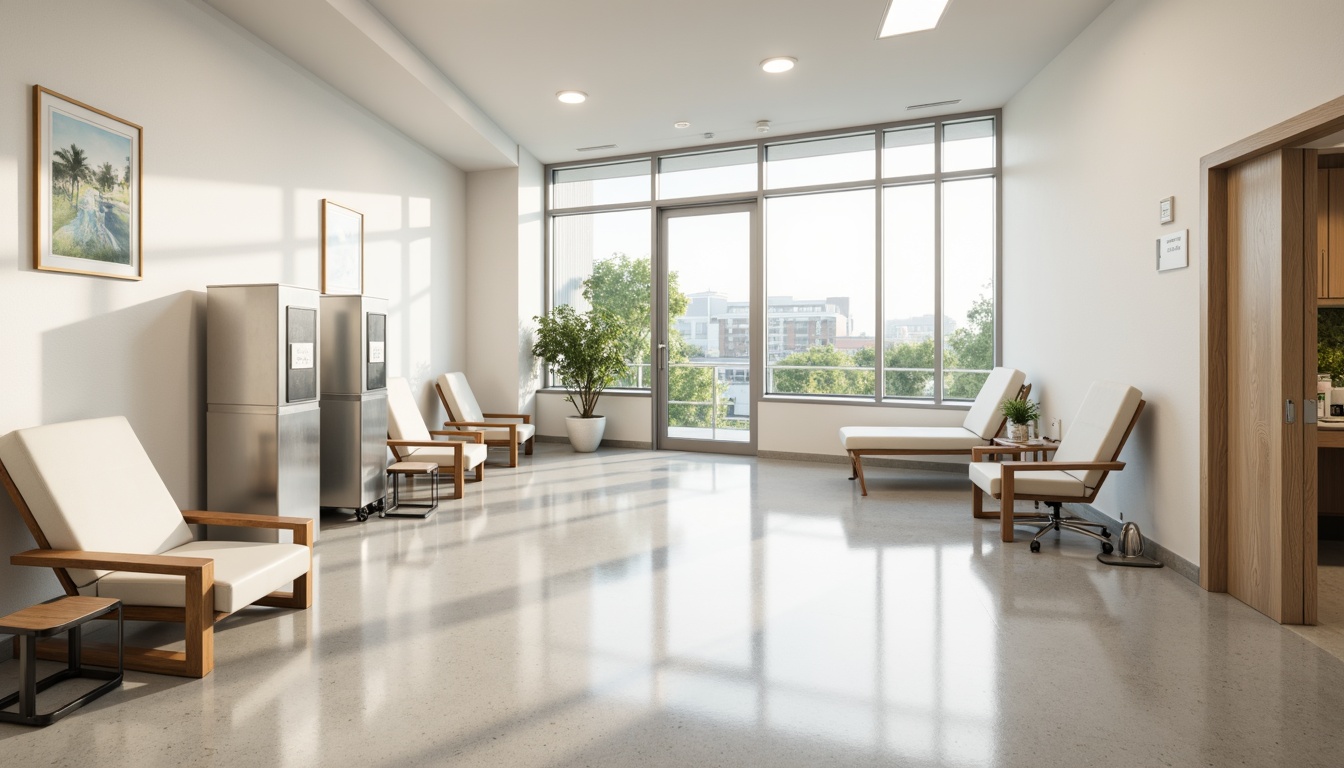 Prompt: Minimalist hospital interior, clean white walls, polished concrete floors, simple wooden furniture, sleek metal equipment, natural light pouring in through large windows, calming greenery, subtle ambient lighting, soft beige tones, ergonomic seating areas, quiet waiting zones, private patient rooms, modern medical devices, stainless steel surfaces, sterile environments, organized storage spaces, efficient circulation paths, 1/1 composition, shallow depth of field, realistic textures.