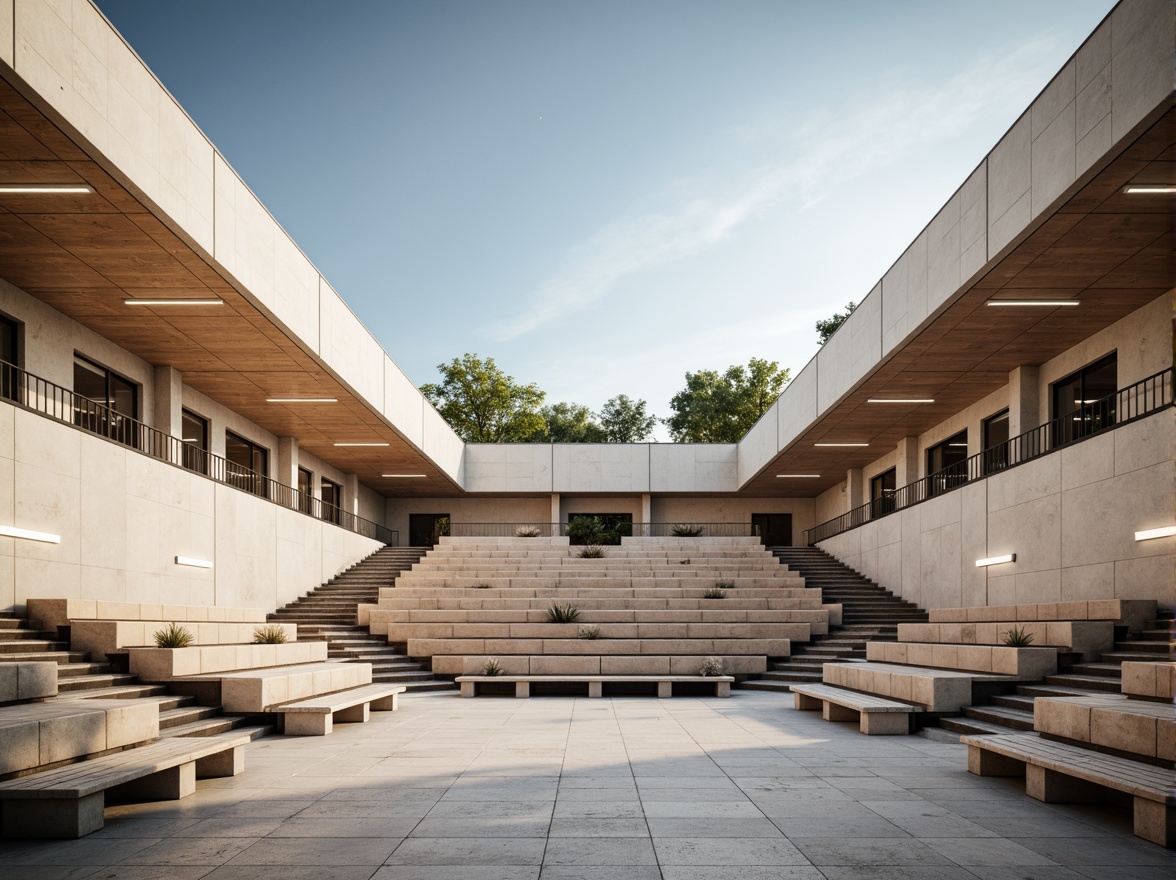 Prompt: Minimalist amphitheater, natural stone seating, sleek metal railings, polished concrete floors, simple wooden benches, subtle LED lighting, open sky above, warm sunny day, soft diffused shadows, shallow depth of field, 1/1 composition, symmetrical architecture, clean lines, monochromatic color scheme, industrial materials, functional design, acoustic considerations, stepped seating arrangement, panoramic view, realistic textures, ambient occlusion.