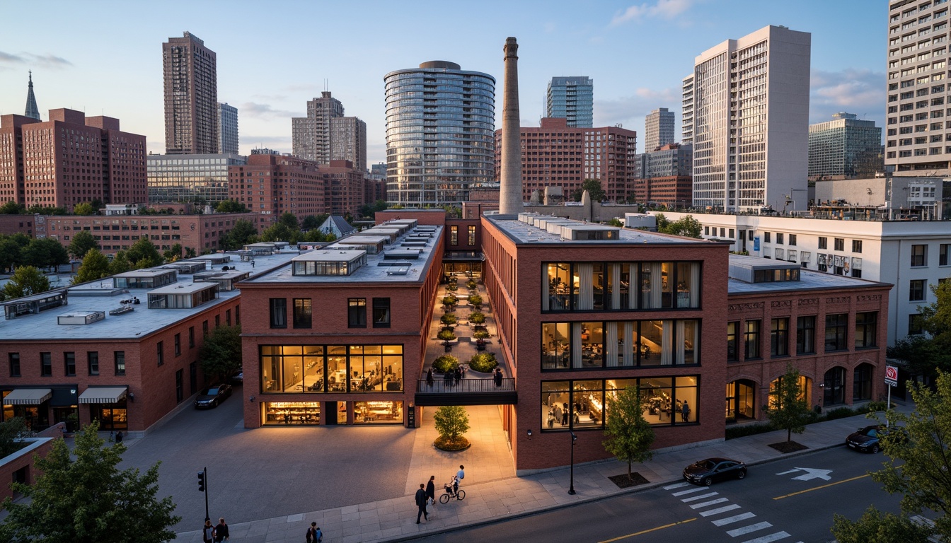 Prompt: Industrial heritage warehouse, exposed brick fa\u00e7ade, metal beams, reclaimed wood accents, urban cityscape, bustling streets, modern skyscrapers, vibrant street art, eclectic mix of old and new, adaptive reuse, converted lofts, trendy cafes, boutique shops, pedestrian-friendly sidewalks, bike lanes, green roofs, solar panels, industrial chic aesthetic, warm atmospheric lighting, shallow depth of field, 2/3 composition, cinematic view, realistic textures, ambient occlusion.