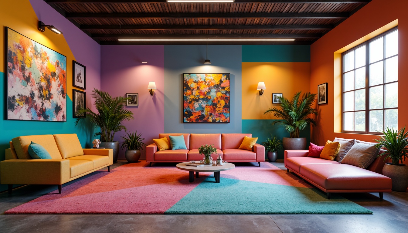 Prompt: Vibrant artistic studio, eclectic furniture, bold color blocking, pastel hues, neon accents, metallic finishes, rich textures, abstract artwork, geometric patterns, modern lighting fixtures, sleek lines, minimalist decor, natural materials, earthy tones, warm ambiance, softbox lighting, shallow depth of field, 1/1 composition, realistic renderings, ambient occlusion.