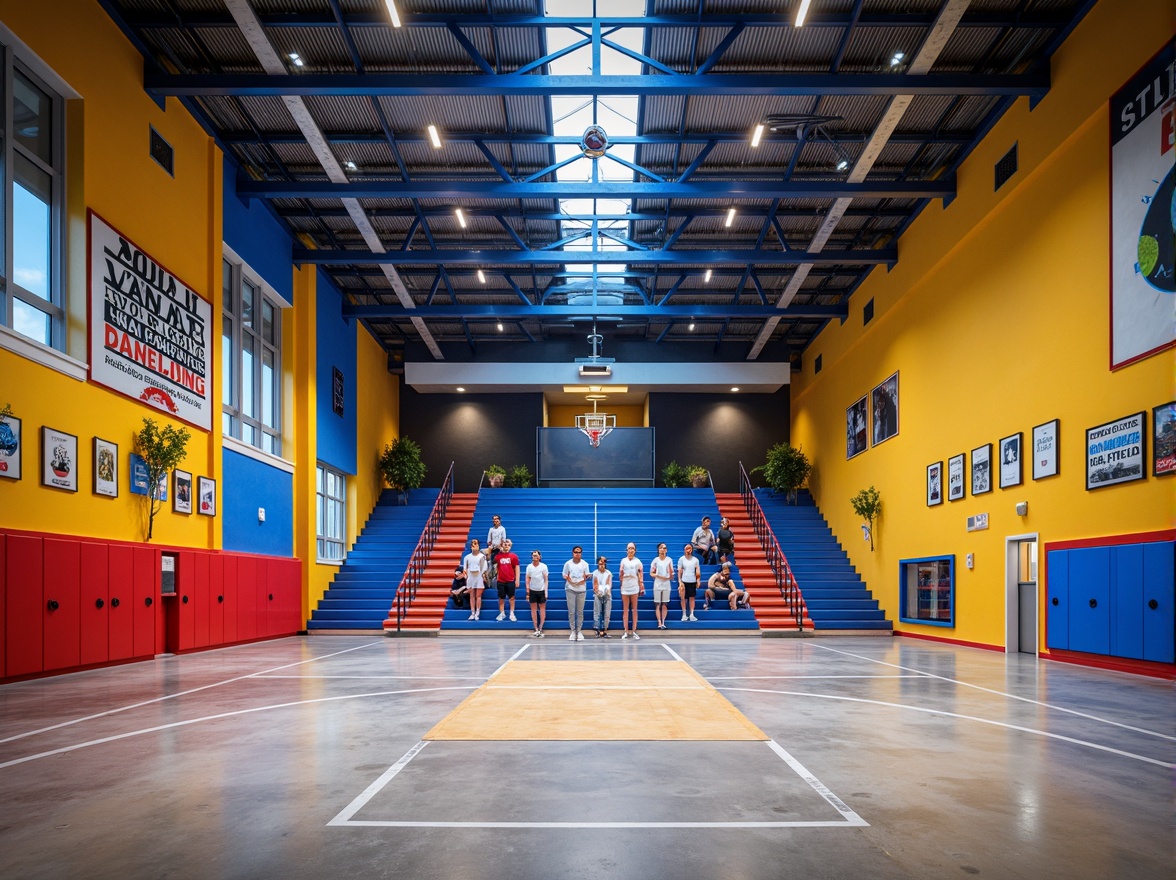 Prompt: Vibrant gymnasium interior, modernist architecture, bold color scheme, bright blue accents, energetic yellow tones, deep red hues, sleek metal beams, polished concrete floors, minimalist decor, industrial chic lighting, geometric patterns, abstract artwork, motivational quotes, athletic equipment displays, trophy cases, dynamic shadows, high-contrast lighting, 1/2 composition, realistic textures, ambient occlusion.