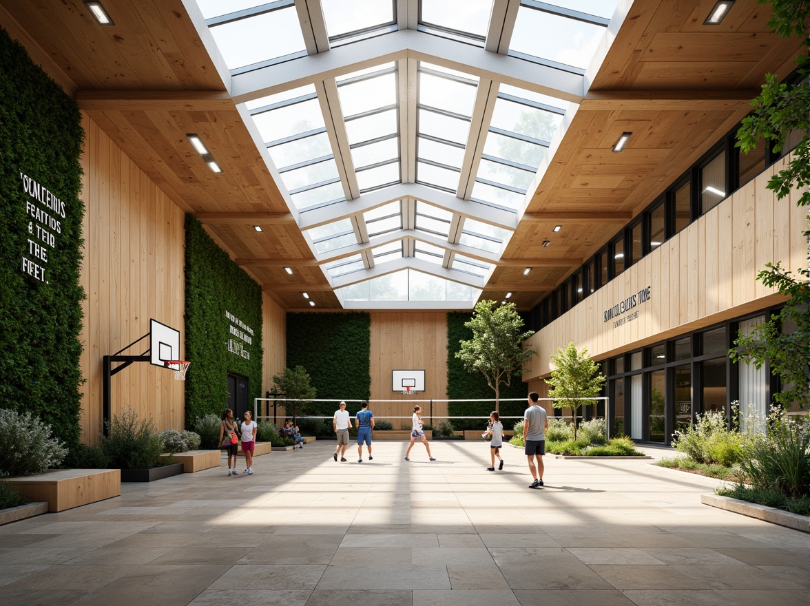 Prompt: Spacious gymnasium interior, high ceilings, clerestory windows, skylights, transparent roof, natural stone flooring, wooden accents, minimalist design, abundant greenery, living walls, vertical gardens, athletic equipment, basketball hoops, volleyball nets, exercise machines, mirrored walls, motivational quotes, soft warm lighting, shallow depth of field, 1/1 composition, panoramic view, realistic textures, ambient occlusion.