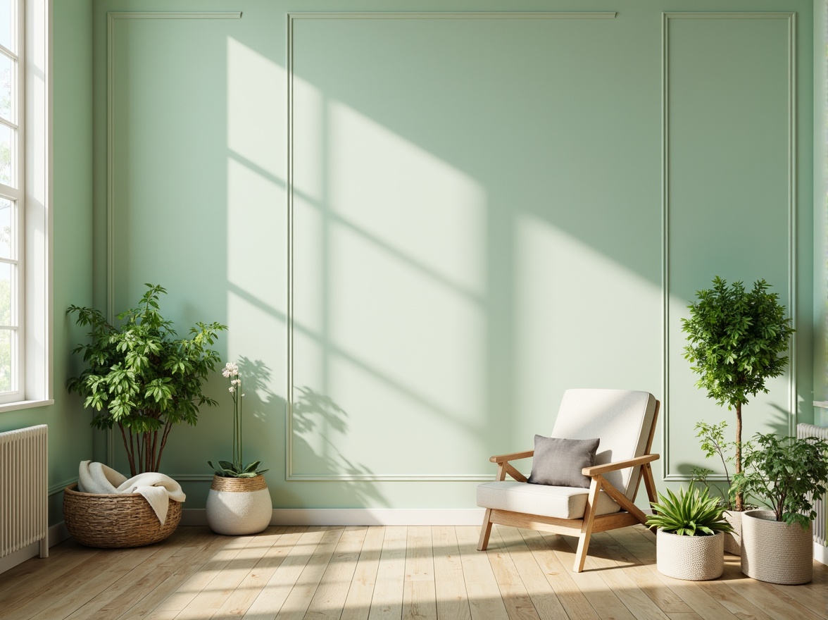 Prompt: Pastel mint walls, soft creamy trim, warm beige floors, natural wood accents, minimalist decor, calming atmosphere, abundant greenery, lush plants, delicate florals, subtle texture overlays, gentle gradient transitions, softbox lighting, shallow depth of field, 1/1 composition, realistic renderings, ambient occlusion.