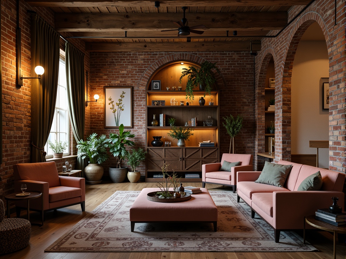 Prompt: Warm industrial loft, exposed brick walls, wooden beams, metal accents, soft warm lighting, cozy atmosphere, romantic ambiance, rich earthy tones, muted pastel hues, distressed wood textures, vintage decorative items, plush velvet fabrics, ornate metal fixtures, dimmable pendant lamps, eclectic artwork, natural stone flooring, reclaimed wood furniture, intimate seating areas, dramatic drapery, moody color palette, warm beige tones, soft peach accents, dusty rose undertones, muted sage greens, weathered copper details.