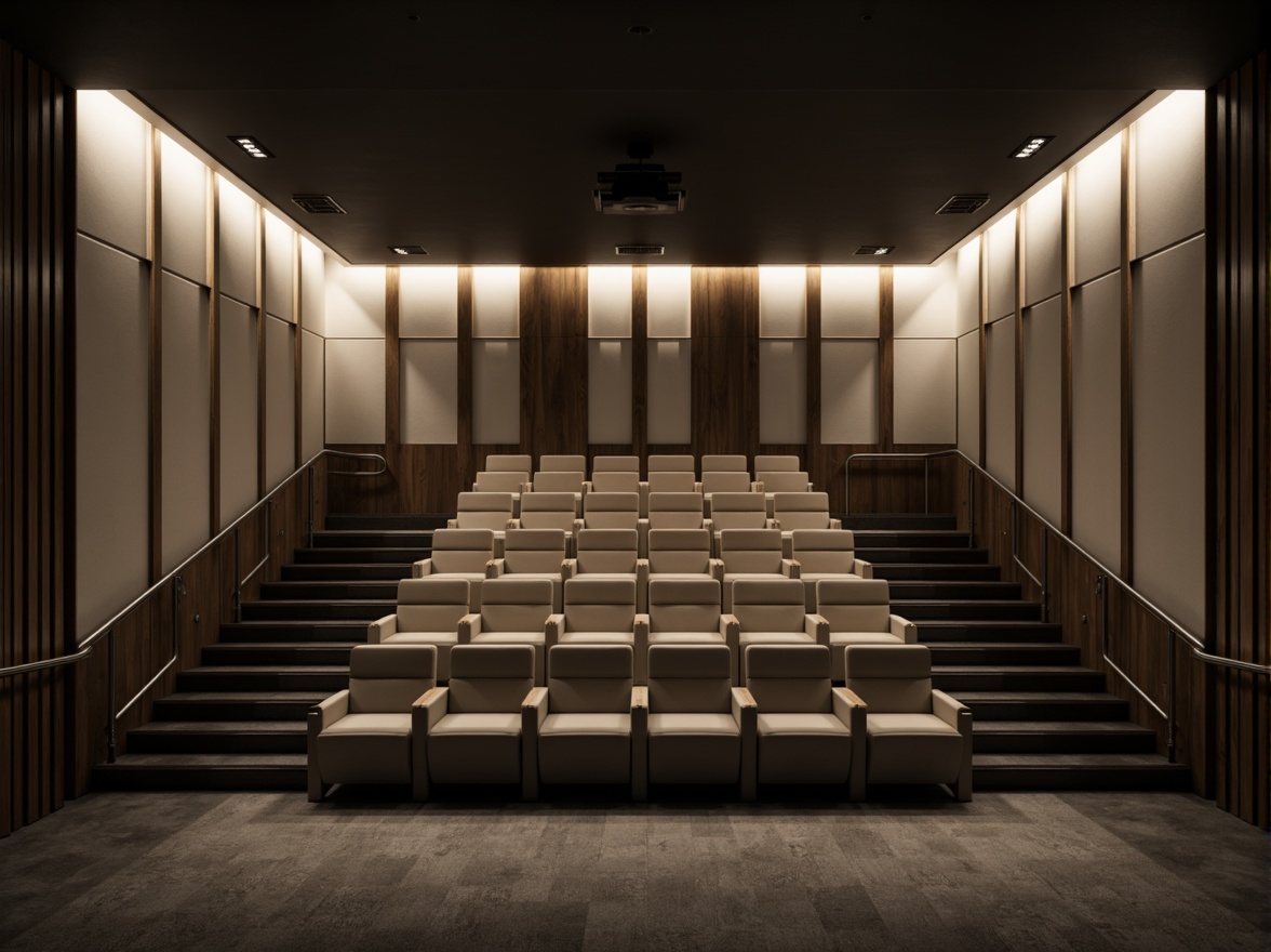 Prompt: Monochromatic theater interior, sleek minimalist design, neutral color palette, soft warm lighting, dark wood accents, creamy white walls, subtle texture contrasts, sparse decorative elements, modern auditorium seating, polished metal railings, dramatic spotlights, shallow depth of field, 1/1 composition, cinematic atmosphere, realistic shadows, ambient occlusion.