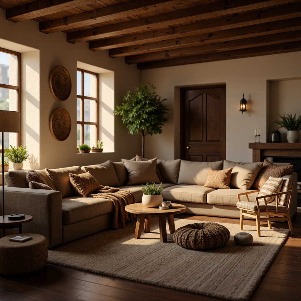 Prompt: Cozy living room, plush sofas, soft cushions, warm throw blankets, natural fiber upholstery, velvet fabrics, subtle sheen, earthy tones, comfortable seating, ergonomic design, ambient lighting, floor lamps, table lamps, warm beige walls, dark wood accents, woven baskets, potted plants, calming atmosphere, relaxing ambiance, soft focus, shallow depth of field, 1/1 composition, realistic textures.