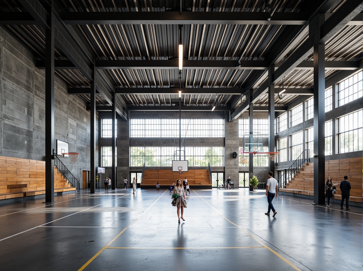 Prompt: Modern gymnasium interior, exposed structural frame, sleek steel beams, minimalist columns, polished concrete floors, industrial-style lighting, large windows, natural ventilation, open spaces, athletic equipment, basketball hoops, volleyball nets, exercise machines, wooden bleachers, dynamic color scheme, bold typography, geometric patterns, urban atmosphere, high ceilings, abundant natural light, shallow depth of field, 1/1 composition, realistic textures, ambient occlusion.