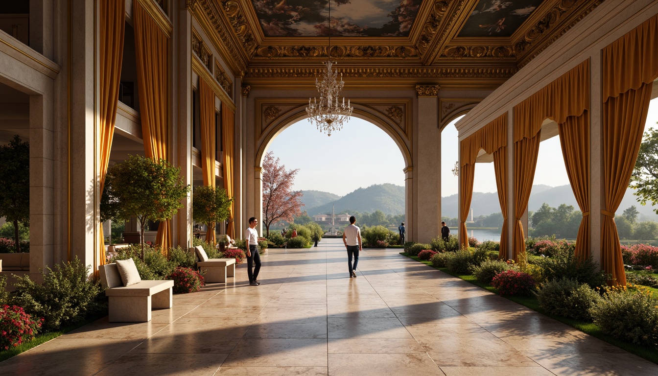 Prompt: Grand Renaissance-style gallery, ornate golden frames, lavish velvet drapes, marble floors, crystal chandeliers, majestic stone columns, intricate fresco ceilings, soft warm lighting, shallow depth of field, 3/4 composition, panoramic view, realistic textures, ambient occlusion, serene natural landscape, rolling hills, lush greenery, vibrant flowers, tranquil lake, misty morning, warm sunlight, gentle breeze, rustic wooden benches, meandering stone pathways.