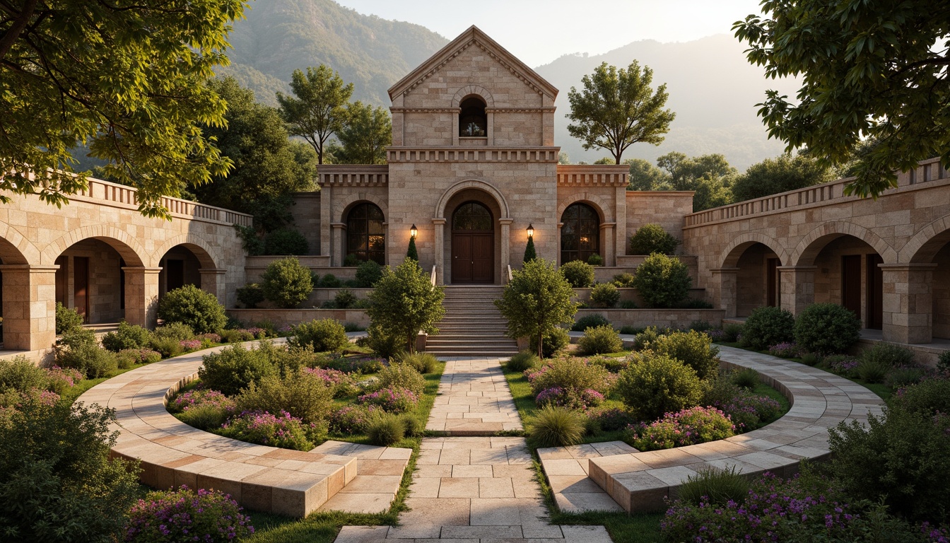 Prompt: Rustic stone amphitheater, Romanesque arches, ornate carvings, grand entrance gates, weathered stone walls, moss-covered steps, lush greenery, vibrant flowers, natural stone seating, curved rows of benches, dramatic spotlights, warm golden lighting, shallow depth of field, 1/2 composition, symmetrical framing, realistic textures, ambient occlusion.