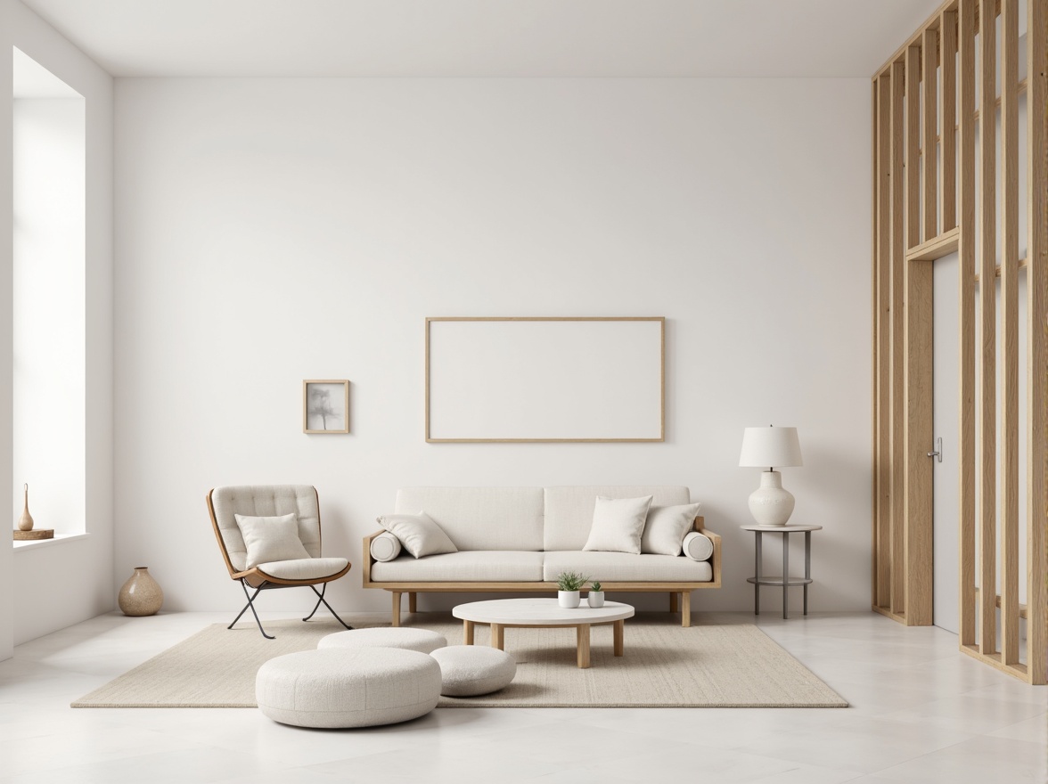 Prompt: Monochromatic color scheme, soft pastel hues, creamy whites, gentle grays, subtle beige tones, natural wood textures, sleek metal accents, minimalist decor, sparse furniture arrangement, empty space emphasis, calm atmosphere, softbox lighting, shallow depth of field, 1/1 composition, realistic renderings, ambient occlusion.