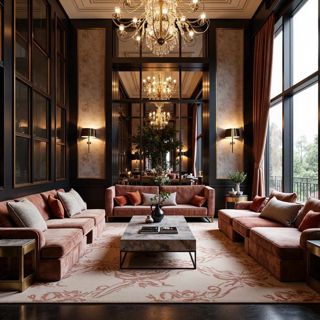 Prompt: Luxurious modern living room, Art Deco inspired furniture, metallic accents, geometric patterns, ornate mirrors, velvet sofas, marble coffee tables, crystal chandeliers, bold color schemes, high ceilings, large windows, natural light, soft warm glow, 1/1 composition, shallow depth of field, realistic textures, ambient occlusion.