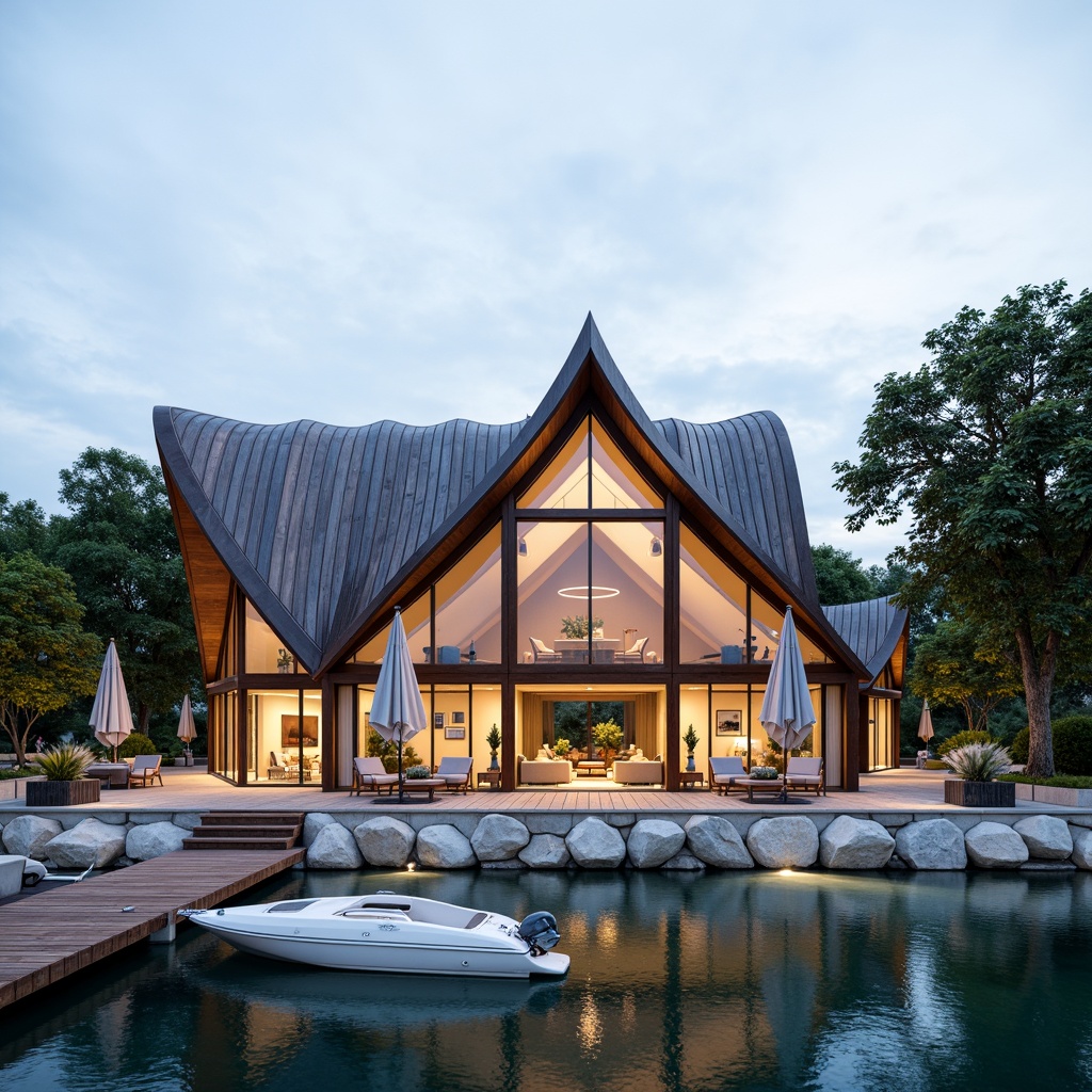 Prompt: Waterfront location, serene lake views, wooden dock, sailboats, curvilinear rooflines, undulating fa\u00e7ades, nautical-themed decorations, rustic wood accents, natural stone foundations, glass-enclosed living areas, modern minimalist interiors, soft warm lighting, shallow depth of field, 1/1 composition, realistic water reflections, ambient occlusion, organic shapes, fluid lines, dynamic forms, harmonious proportions.