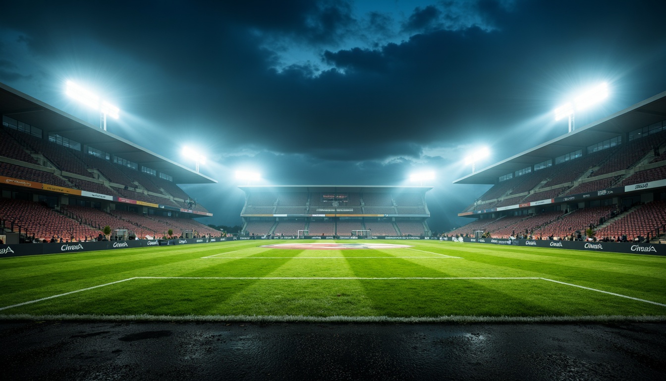 Prompt: Stadium atmosphere, lush green grass, athletic tracks, sports equipment, goalposts, floodlights, LED lighting, warm color temperature, high-contrast ratio, dramatic shadows, dynamic movement, fast-paced action, evening games, misty night air, 1/2 composition, low-angle shot, realistic textures, ambient occlusion.