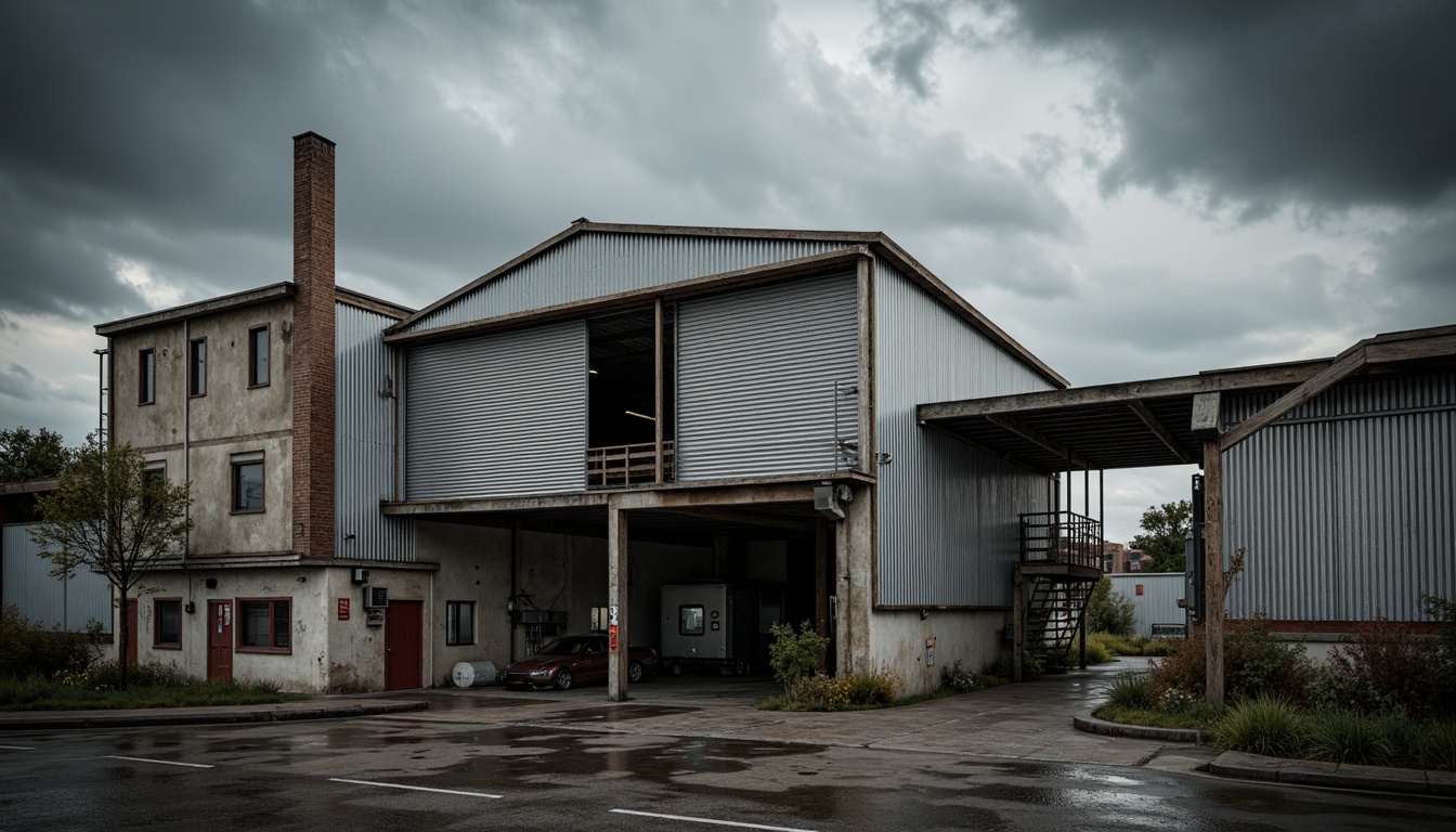 Prompt: Industrial warehouse, galvanized steel structure, corrugated metal sheets, rustic aesthetic, distressed finishes, urban landscape, cloudy sky, dramatic lighting, high contrast, shallow depth of field, 1/2 composition, realistic textures, ambient occlusion.