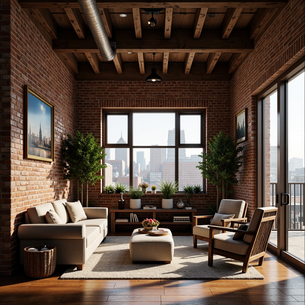 Prompt: Exposed brick walls, wooden beam ceilings, industrial metal pipes, reclaimed wood floors, vintage decorative items, soft warm lighting, cozy reading nooks, plush velvet sofas, distressed leather armchairs, eclectic art collections, lush greenery, natural stone accents, minimalist decor, open floor plans, high ceilings, large windows, cityscape views, urban landscape, romantic ambiance, warm color palette, rustic textures, shallow depth of field, 1/1 composition, panoramic view, realistic renderings, ambient occlusion.