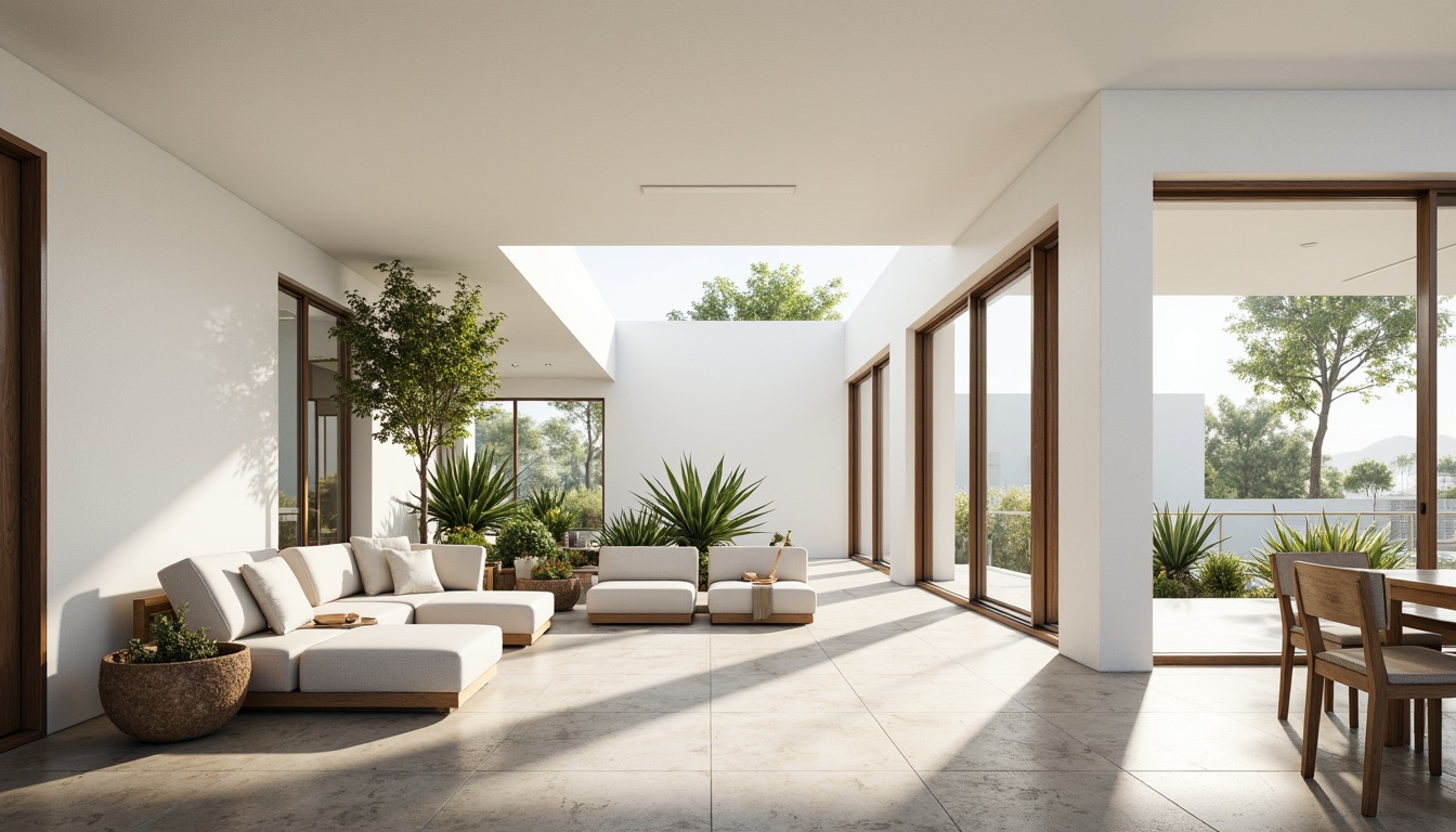 Prompt: Simple white walls, large windows, sliding glass doors, natural stone floors, minimal ornamentation, clean lines, monochromatic color scheme, abundant natural light, bright airy atmosphere, sparse greenery, potted plants, wooden accents, subtle textures, soft warm lighting, shallow depth of field, 3/4 composition, panoramic view, realistic reflections, ambient occlusion.