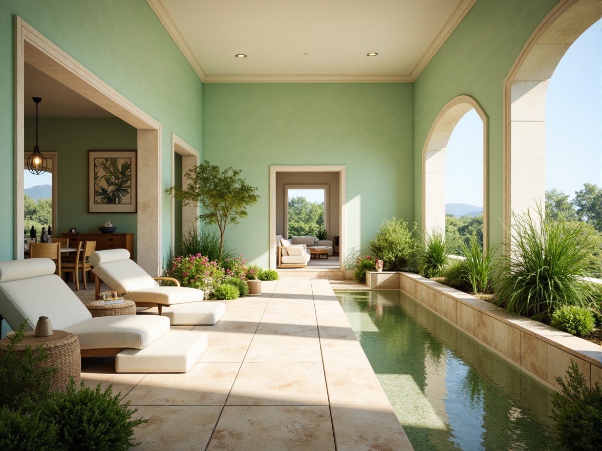 Prompt: Soft mint walls, creamy white accents, warm beige floors, natural wood textures, calming water features, lush greenery, vibrant flowers, serene ambiance, gentle breeze, warm sunlight, soft shadows, 1/1 composition, shallow depth of field, realistic rendering, ambient occlusion, subtle color gradations, soothing atmosphere.