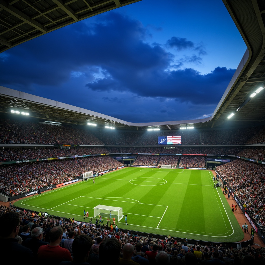 Prompt: Floodlit soccer stadium, evening atmosphere, vibrant green grass, sleek modern architecture, angular lines, cantilevered roofs, grandstand seating, player tunnels, goalposts, referee areas, LED scoreboard displays, dynamic lighting effects, high-intensity floodlights, warm color temperatures, 1/2 composition, low-angle shots, dramatic shadows, realistic textures, ambient occlusion.