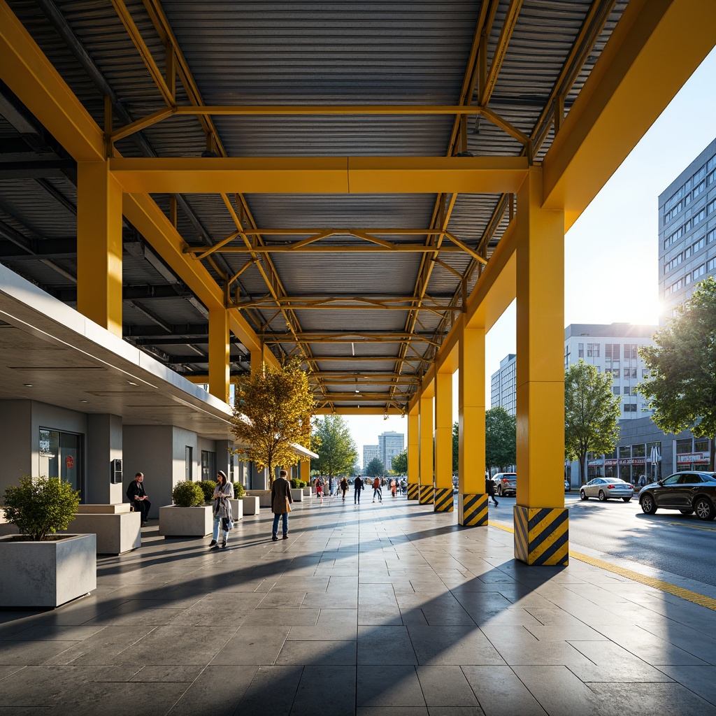 Prompt: Vibrant distribution center, bold industrial architecture, bright yellow accents, exposed steel beams, polished concrete floors, modern LED lighting, sleek metal cladding, geometric patterns, urban cityscape, busy streets, morning sunlight, shallow depth of field, 1/2 composition, realistic textures, ambient occlusion.