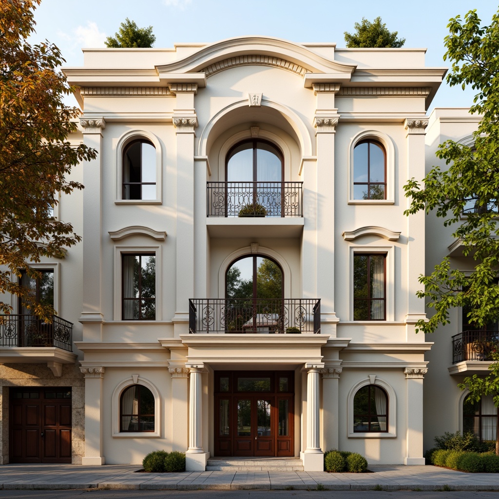 Prompt: Elegant social housing facade, neoclassical architecture style, symmetrical composition, ornate details, grand entrance, ionic columns, decorative pilasters, rusticated base, arched windows, balconies with intricate metalwork, soft cream-colored stucco, subtle texture variations, warm golden lighting, shallow depth of field, 1/2 composition, realistic materials, ambient occlusion.